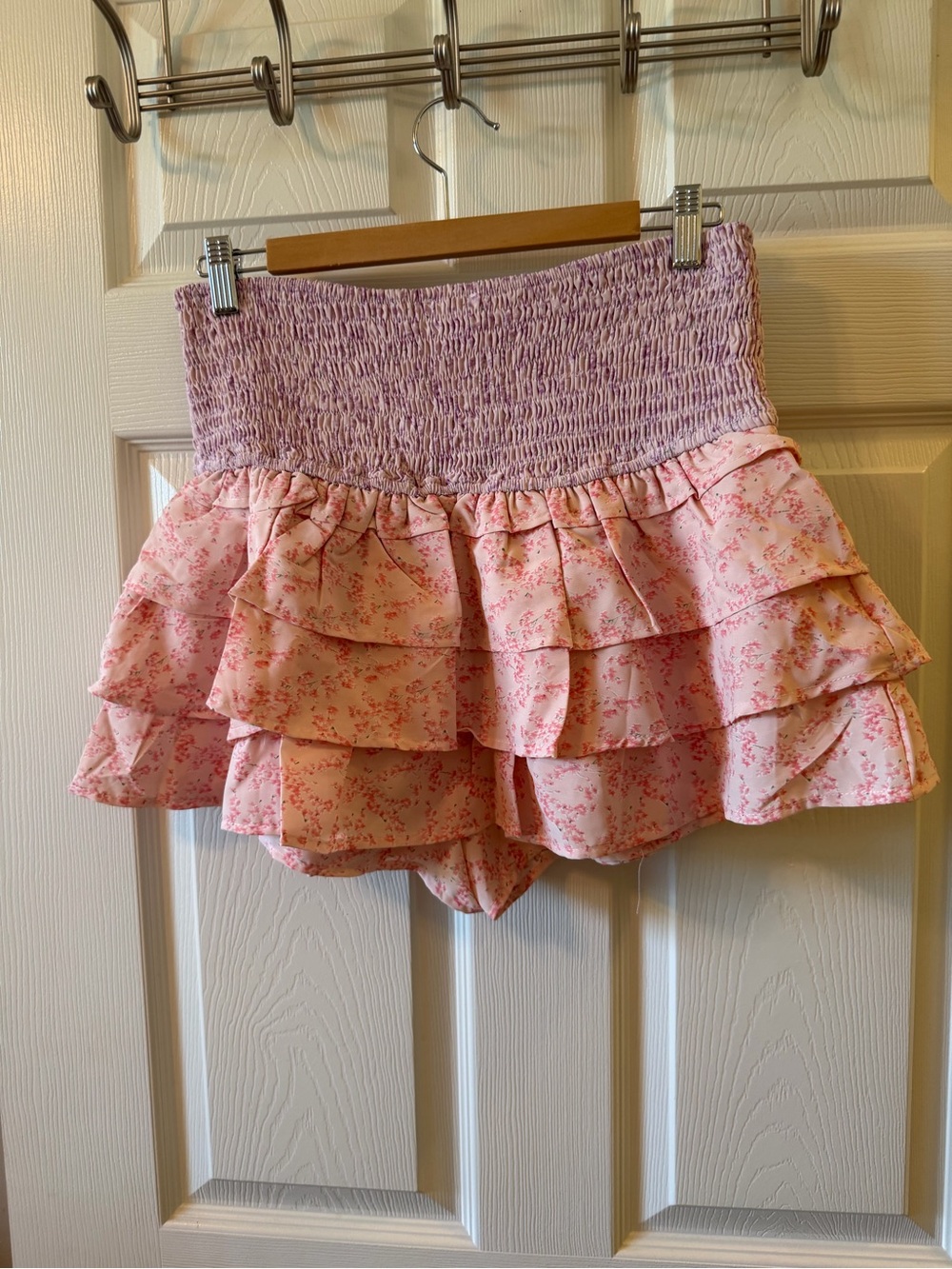 Smocked Waist Pink Floral Ruffle Skort